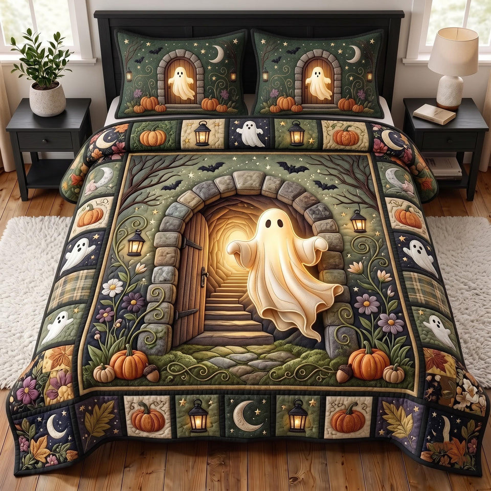 Haunted Cabin quilted bedding set, quilt and two pillow shams on a made bed