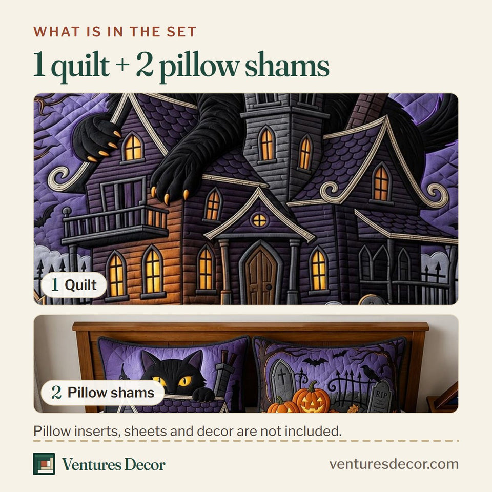 What is in the set: one quilt and two pillow shams, shown in the Haunted Cat design