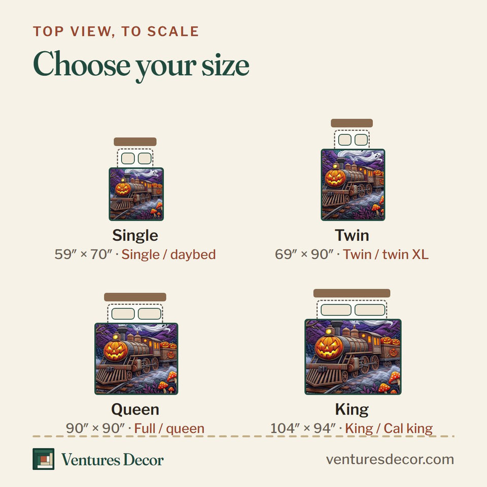 Size guide for the Haunted Express Violet Night Spirits quilt, top view to scale: Single 59 x 70 in, Twin 69 x 90 in, Queen 90 x 90 in, King 104 x 94 in