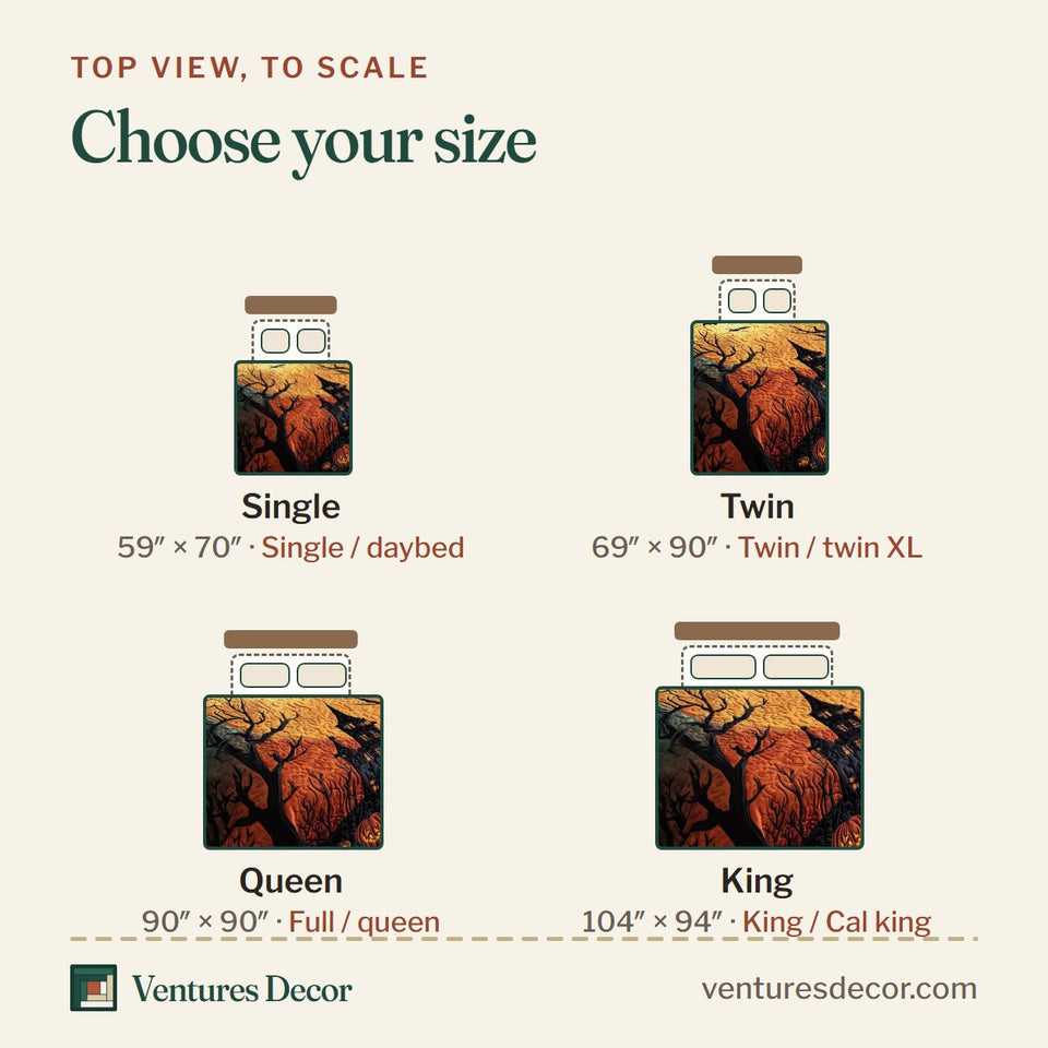 Size guide for the Haunted Forest Fiery Moon Over the Trees quilt, top view to scale: Single 59 x 70 in, Twin 69 x 90 in, Queen 90 x 90 in, King 104 x 94 in