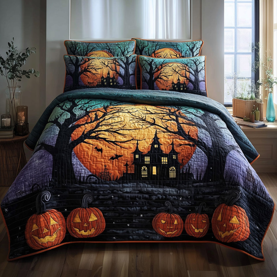 Haunted Forest Purple Night Manor quilted bedding set, quilt and two pillow shams on a made bed
