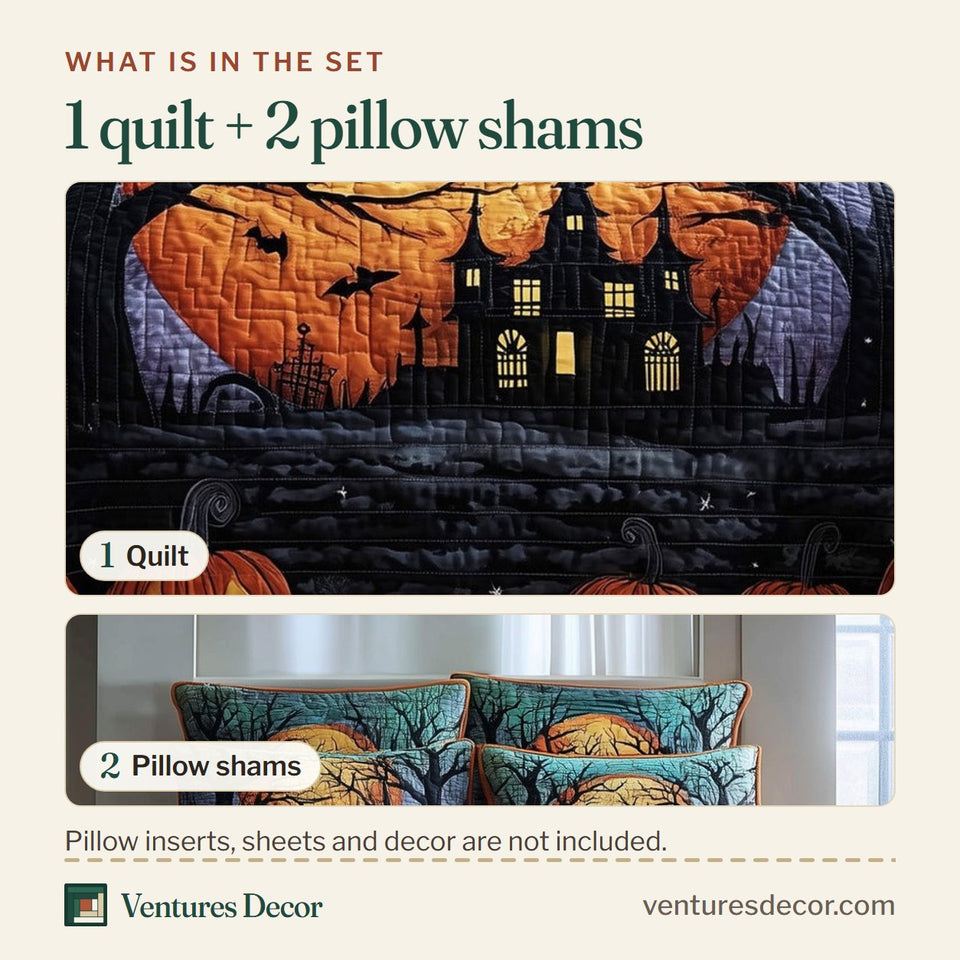What is in the set: one quilt and two pillow shams, shown in the Haunted Forest Purple Night Manor design