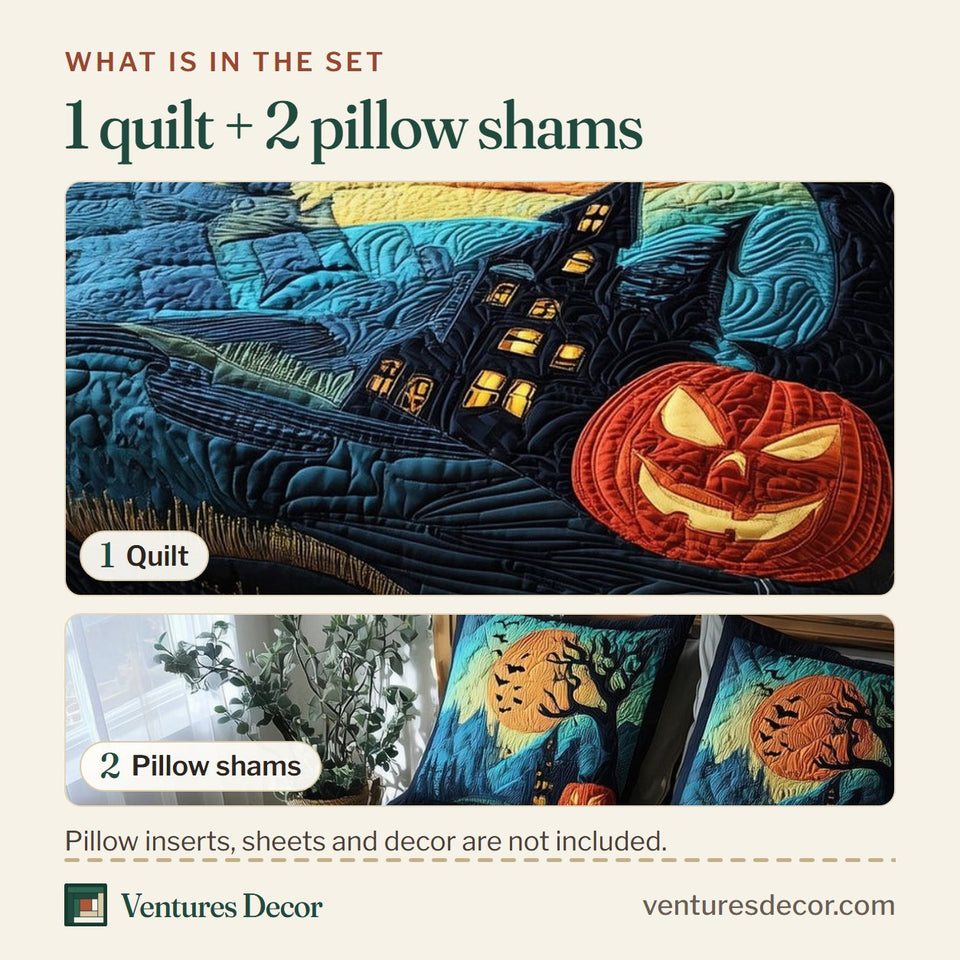 What is in the set: one quilt and two pillow shams, shown in the Haunted Forest Teal Moonlit Lanterns design