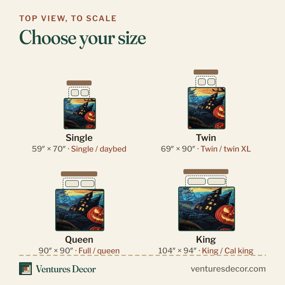 Size guide for the Haunted Forest Teal Moonlit Lanterns quilt, top view to scale: Single 59 x 70 in, Twin 69 x 90 in, Queen 90 x 90 in, King 104 x 94 in