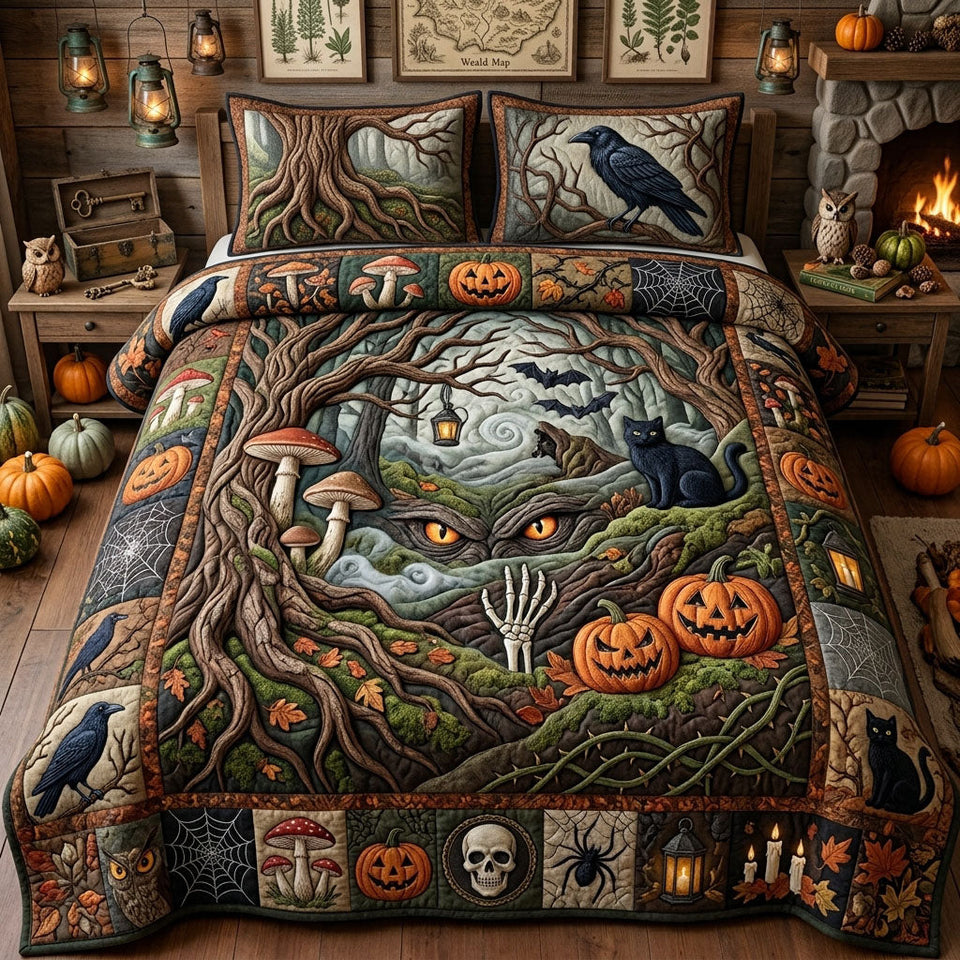 Haunted Forest Watching Eyes quilted bedding set, quilt and two pillow shams on a made bed