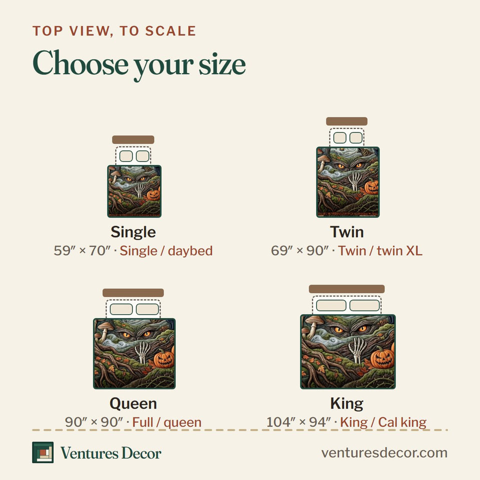 Size guide for the Haunted Forest Watching Eyes quilt, top view to scale: Single 59 x 70 in, Twin 69 x 90 in, Queen 90 x 90 in, King 104 x 94 in