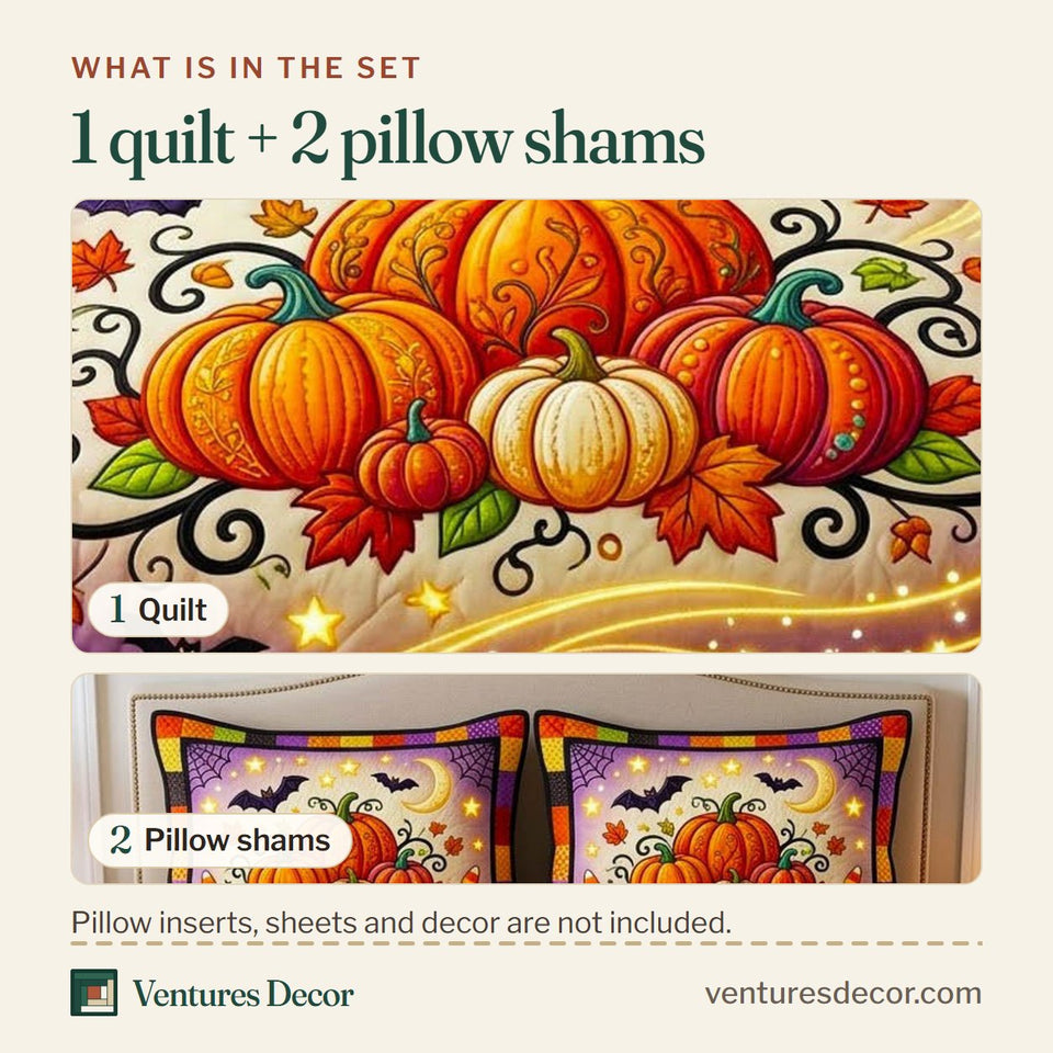 What is in the set: one quilt and two pillow shams, shown in the Haunted Halloween Ghost Lover design