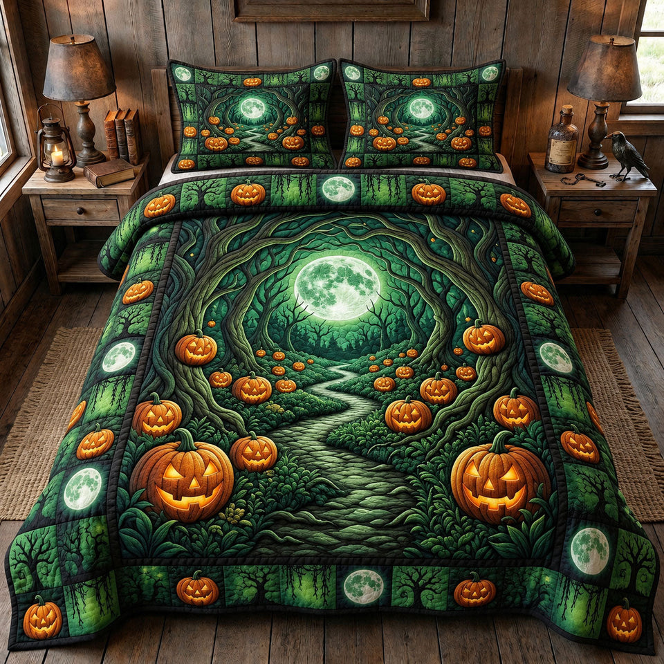 Haunted Halloween Green Moon Lantern Path quilted bedding set, quilt and two pillow shams on a made bed