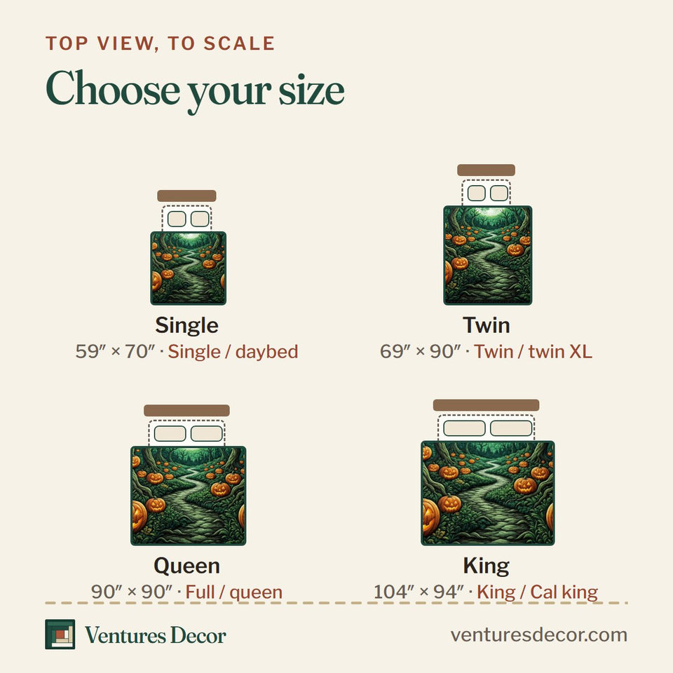 Size guide for the Haunted Halloween Green Moon Lantern Path quilt, top view to scale: Single 59 x 70 in, Twin 69 x 90 in, Queen 90 x 90 in, King 104 x 94 in