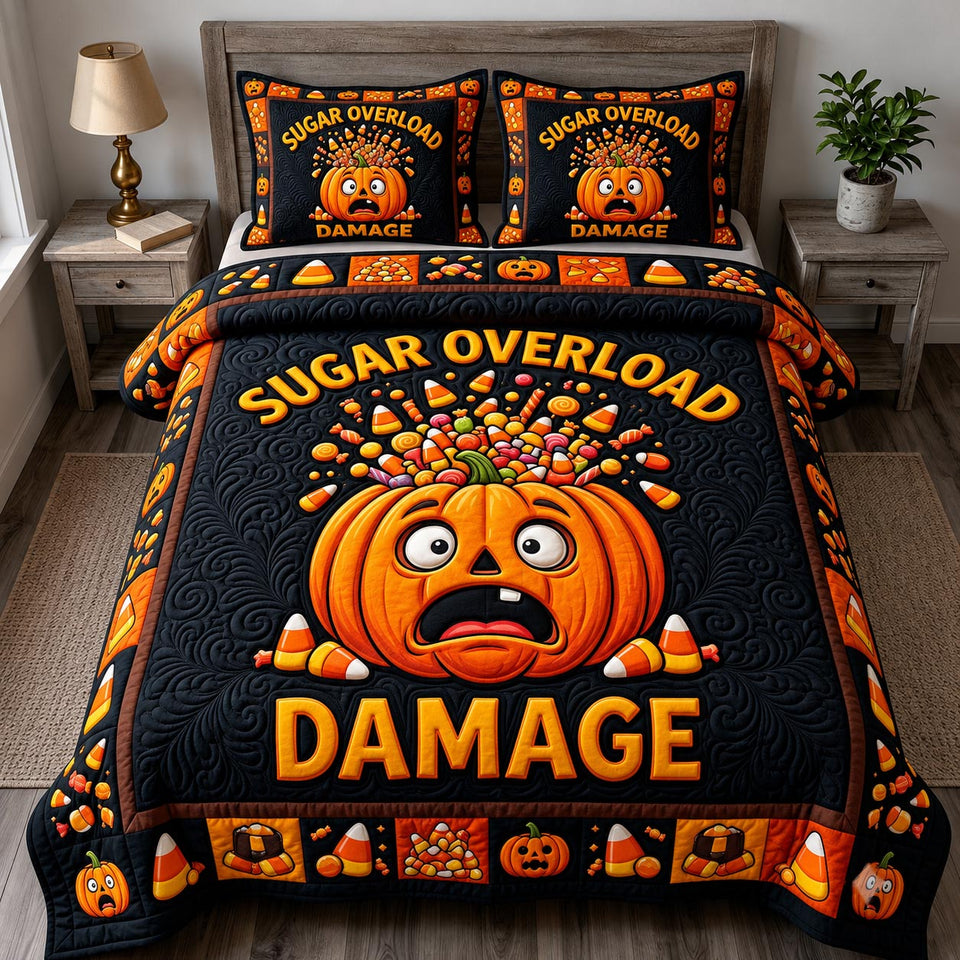 Haunted Halloween in Black quilted bedding set, quilt and two pillow shams on a made bed