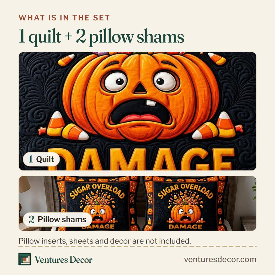 What is in the set: one quilt and two pillow shams, shown in the Haunted Halloween in Black design