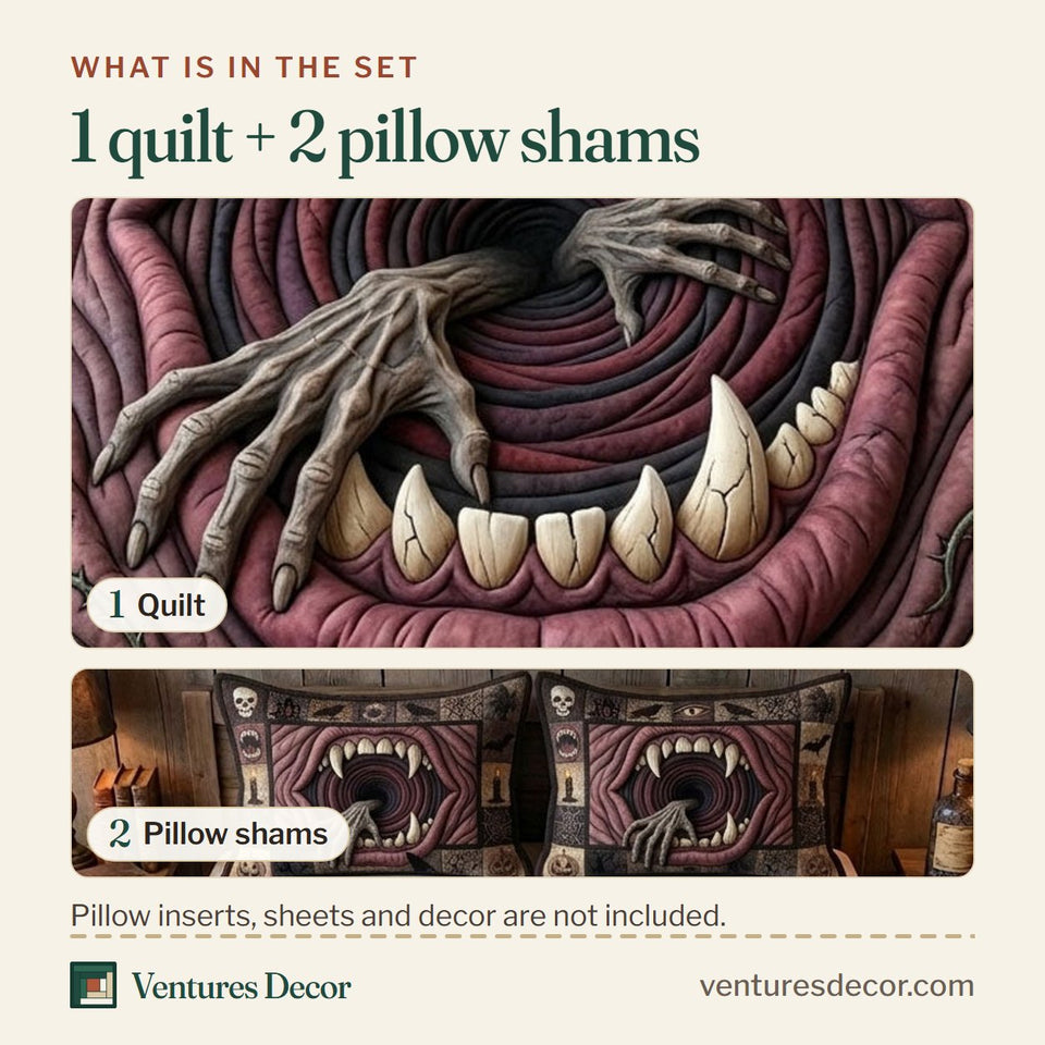 What is in the set: one quilt and two pillow shams, shown in the Haunted Halloween Monster Maw design