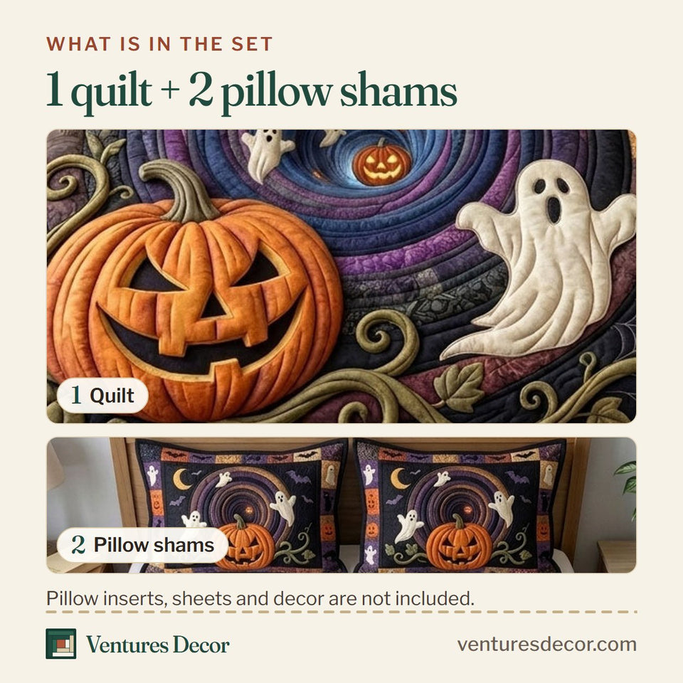 What is in the set: one quilt and two pillow shams, shown in the Haunted Halloween Purple Vortex Ghosts design