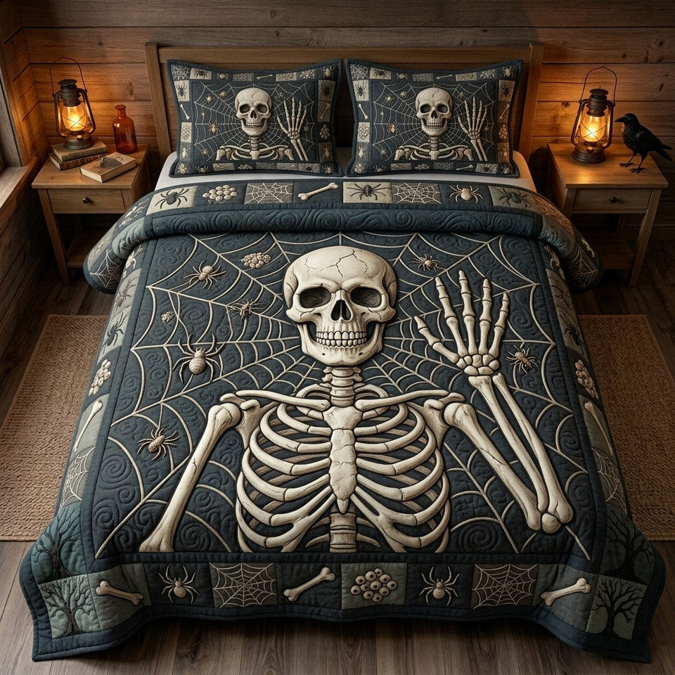 Haunted Halloween Skeleton and Cobwebs quilted bedding set, quilt and two pillow shams on a made bed