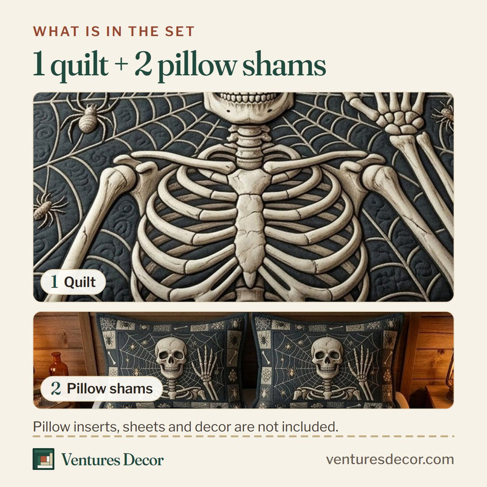 What is in the set: one quilt and two pillow shams, shown in the Haunted Halloween Skeleton and Cobwebs design