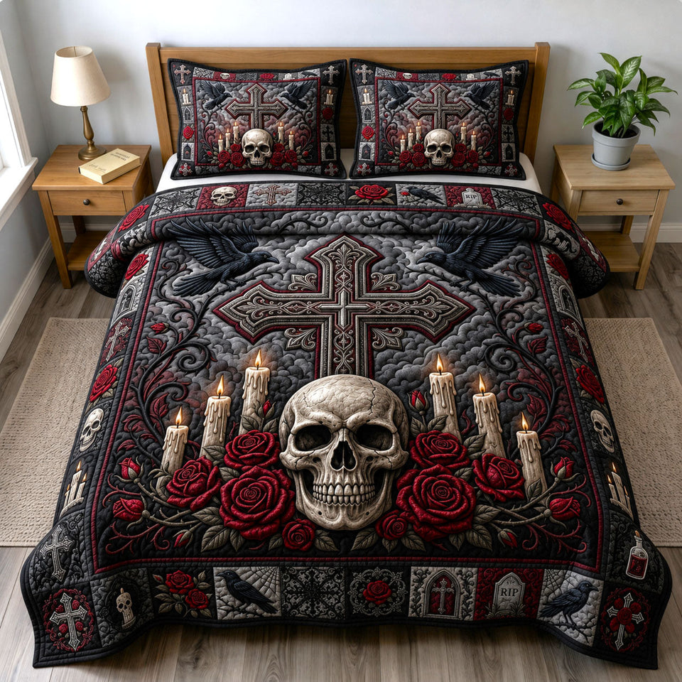Haunted Halloween Skull Cross Candles quilted bedding set, quilt and two pillow shams on a made bed