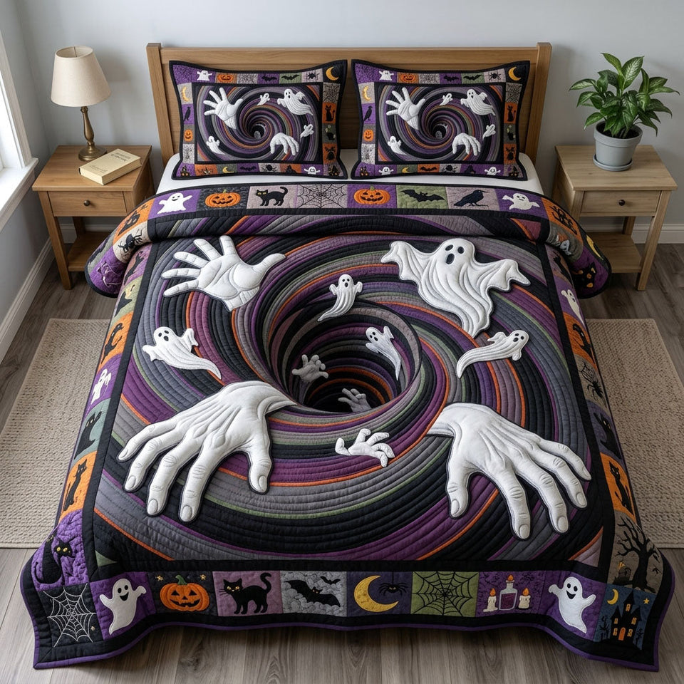 Haunted Halloween Spiral Ghost Hands quilted bedding set, quilt and two pillow shams on a made bed