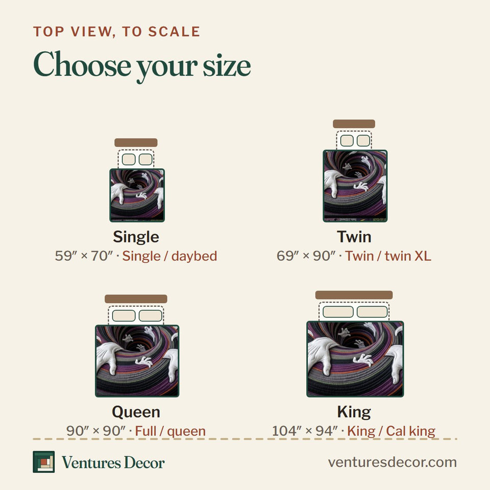 Size guide for the Haunted Halloween Spiral Ghost Hands quilt, top view to scale: Single 59 x 70 in, Twin 69 x 90 in, Queen 90 x 90 in, King 104 x 94 in