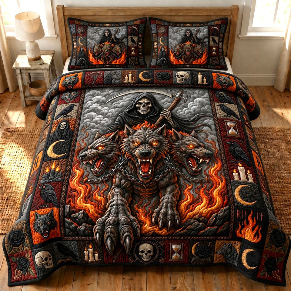 Haunted Halloween Werewolf in Flames quilted bedding set, quilt and two pillow shams on a made bed