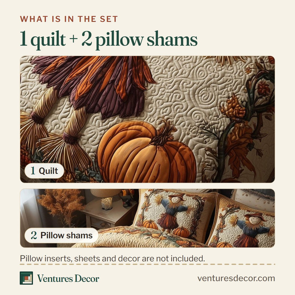 What is in the set: one quilt and two pillow shams, shown in the Haunted Harvest Scarecrow Smile design