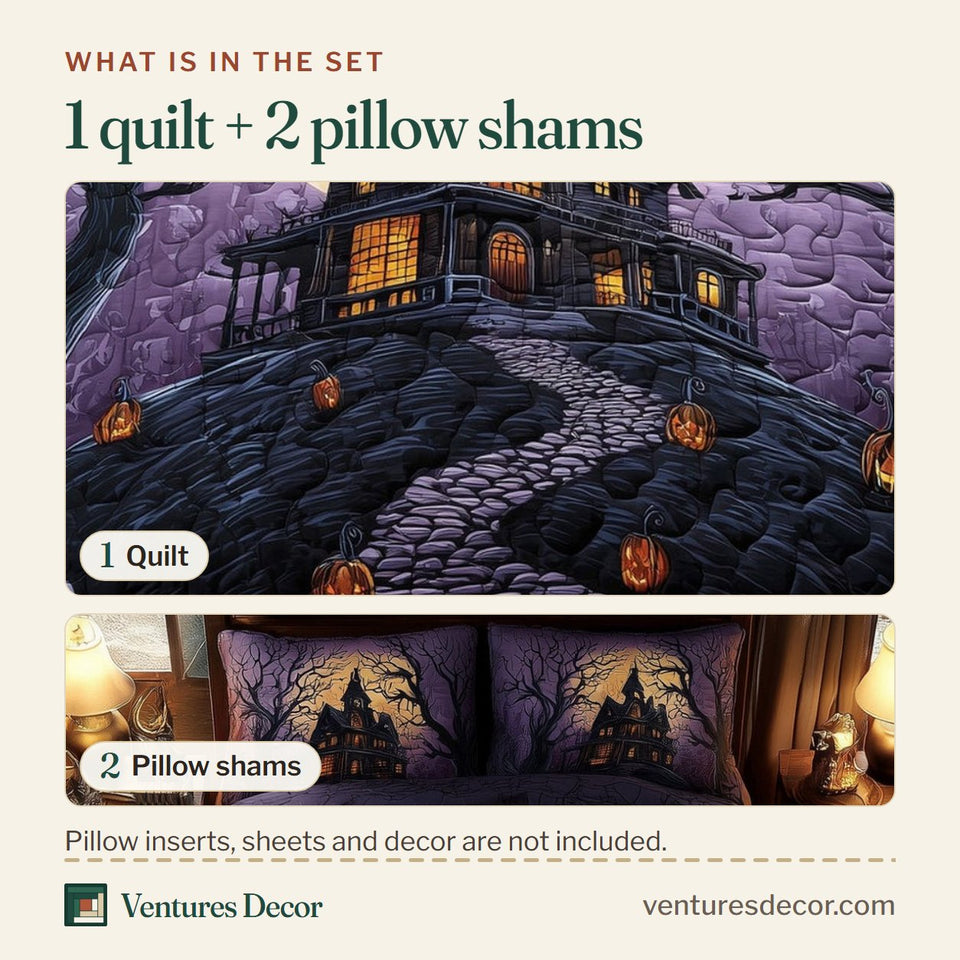What is in the set: one quilt and two pillow shams, shown in the Haunted House Violet Cobblestone Hill design