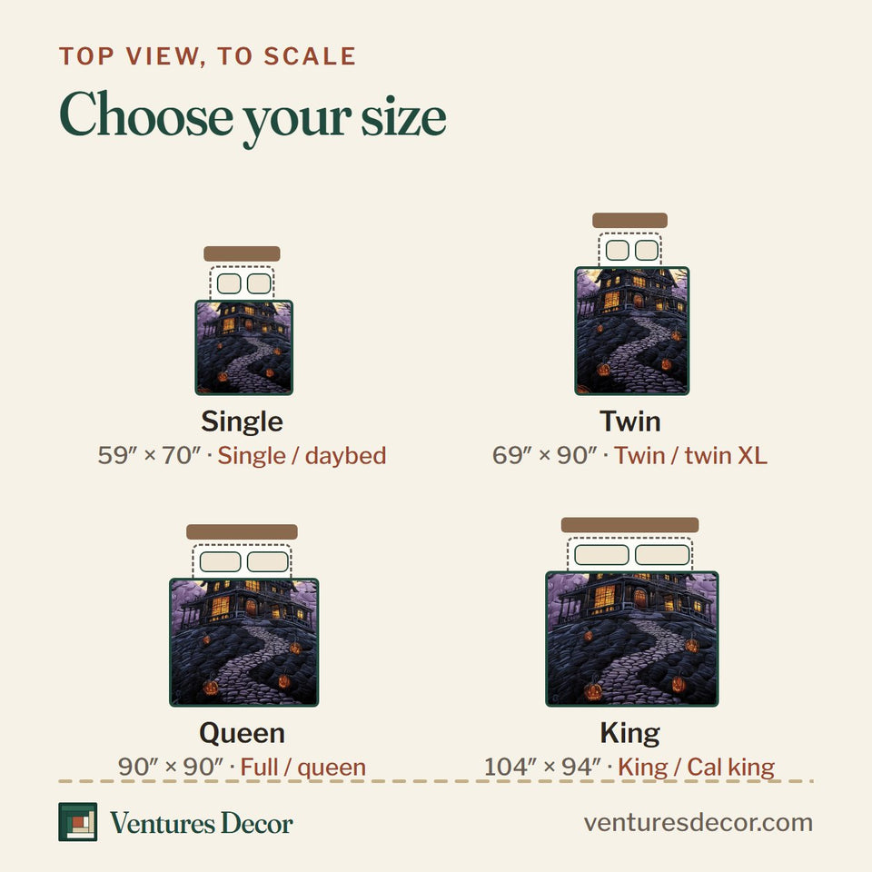 Size guide for the Haunted House Violet Cobblestone Hill quilt, top view to scale: Single 59 x 70 in, Twin 69 x 90 in, Queen 90 x 90 in, King 104 x 94 in
