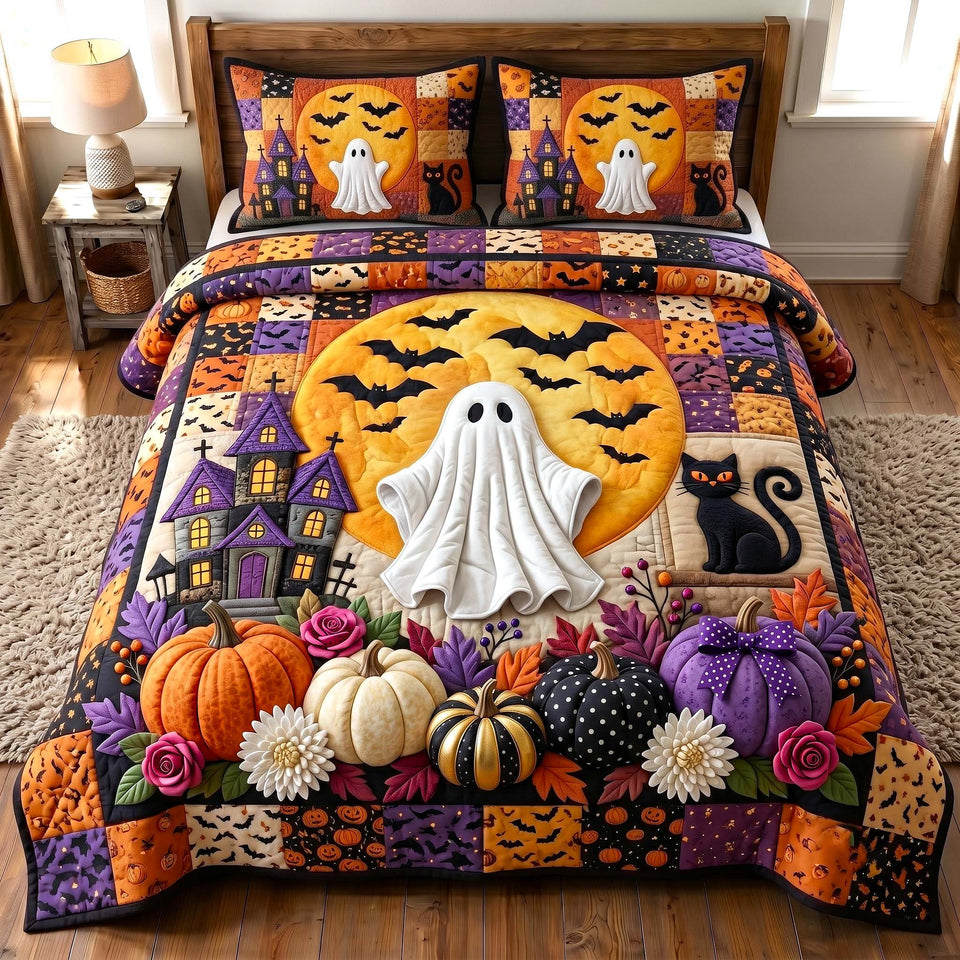 Haunted Manor Ghost and Autumn Blooms quilted bedding set, quilt and two pillow shams on a made bed