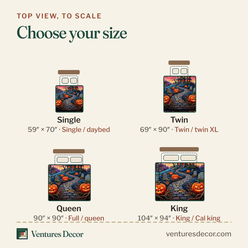 Size guide for the Haunted Manor Pink Dusk Graveyard quilt, top view to scale: Single 59 x 70 in, Twin 69 x 90 in, Queen 90 x 90 in, King 104 x 94 in
