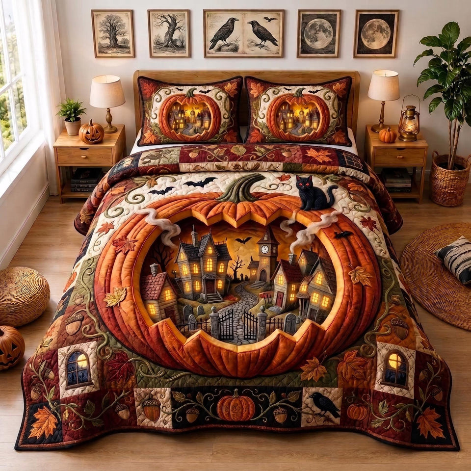 Haunted Manor Pumpkin Glow quilted bedding set, quilt and two pillow shams on a made bed