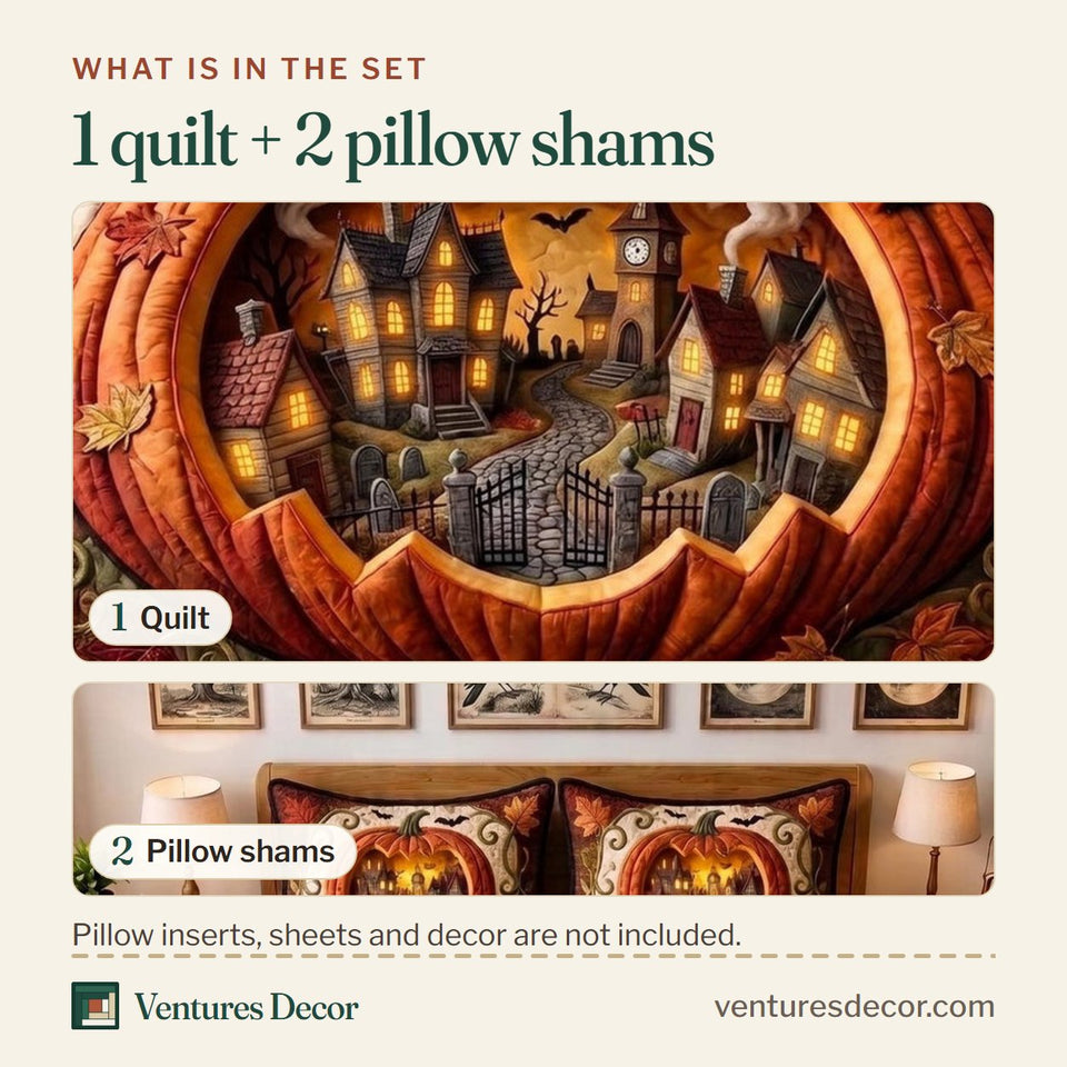 What is in the set: one quilt and two pillow shams, shown in the Haunted Manor Pumpkin Glow design