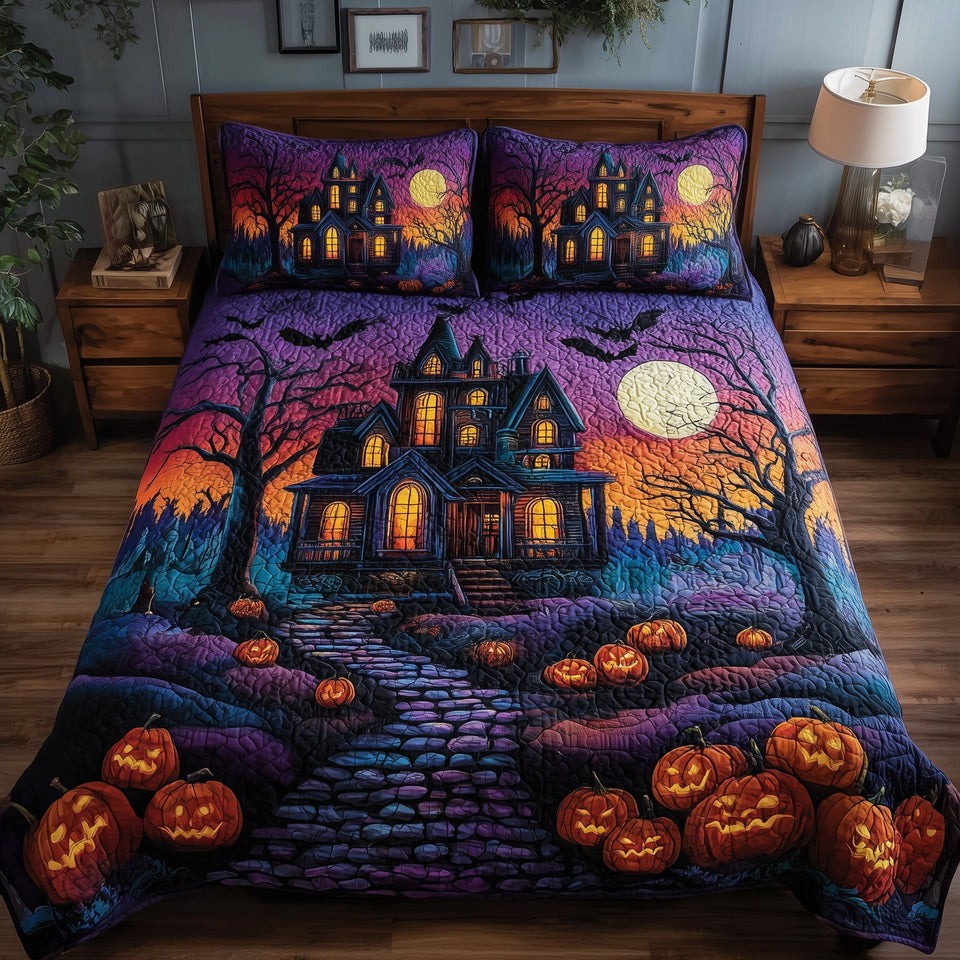 Haunted Manor Pumpkin Path quilted bedding set, quilt and two pillow shams on a made bed