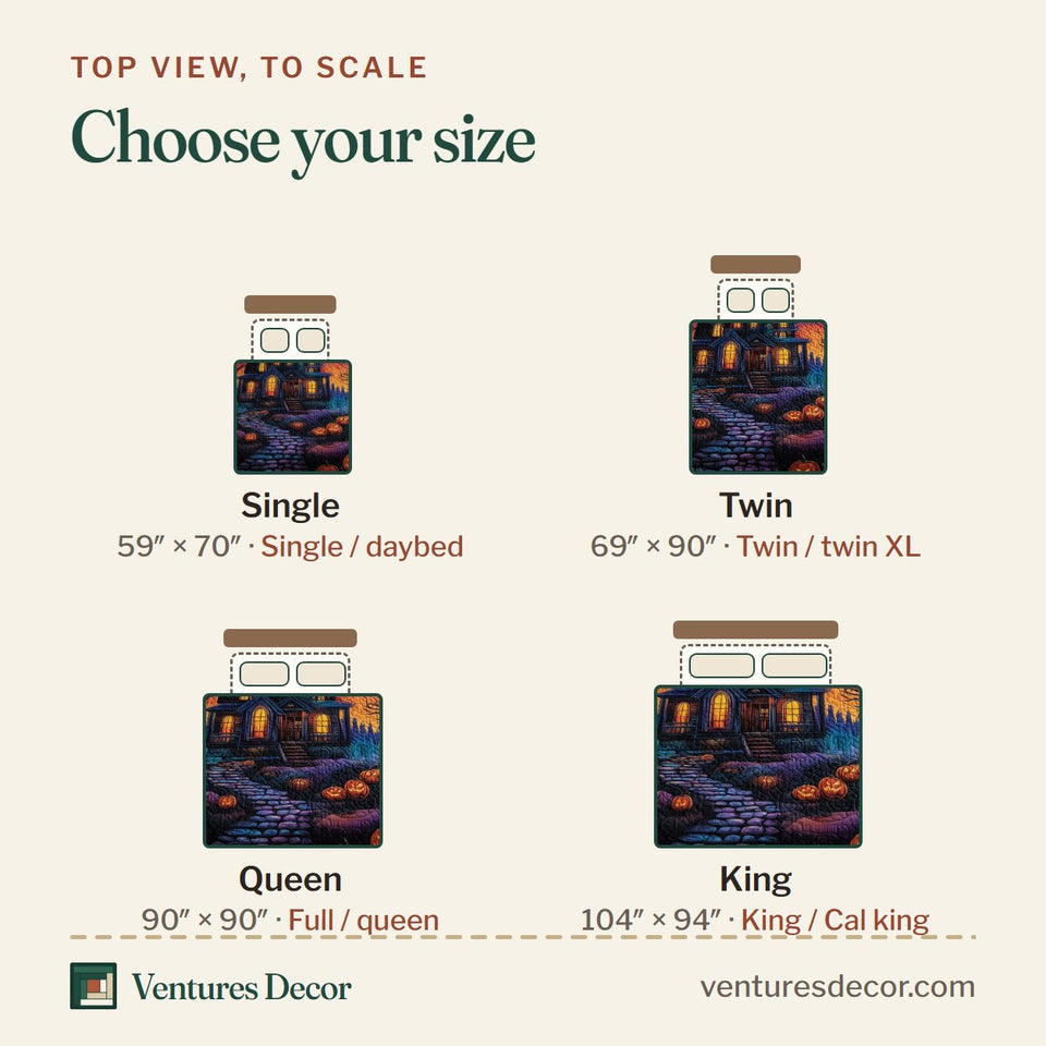 Size guide for the Haunted Manor Pumpkin Path quilt, top view to scale: Single 59 x 70 in, Twin 69 x 90 in, Queen 90 x 90 in, King 104 x 94 in