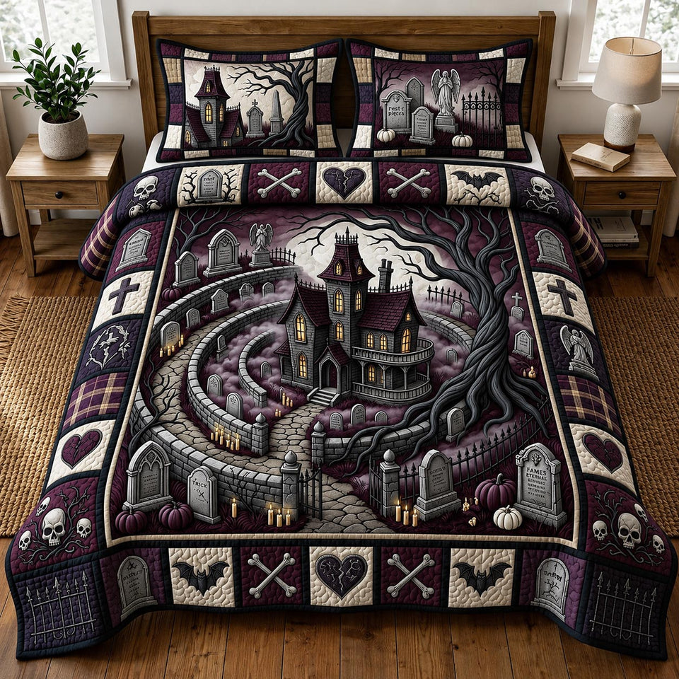 Haunted Manor quilted bedding set, quilt and two pillow shams on a made bed