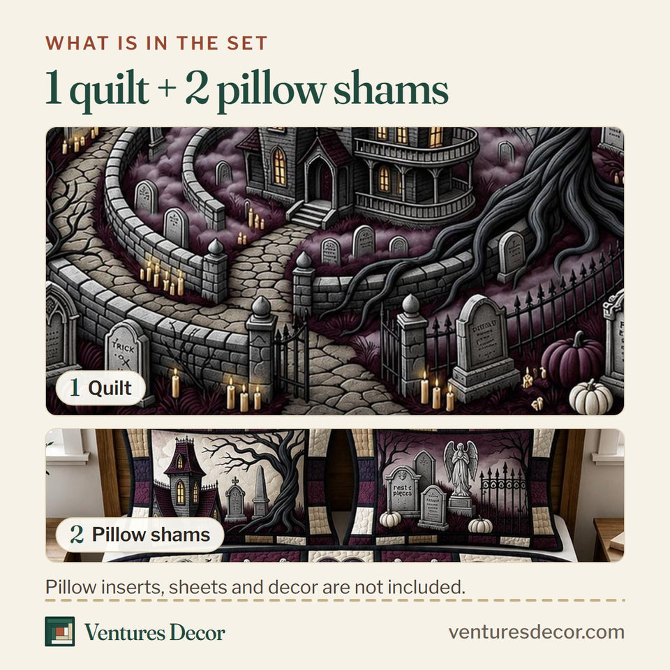 What is in the set: one quilt and two pillow shams, shown in the Haunted Manor design