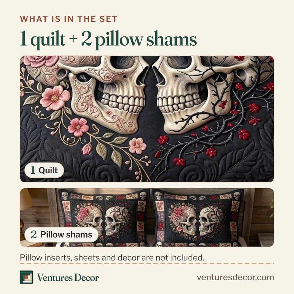 What is in the set: one quilt and two pillow shams, shown in the Haunted Skeleton Blush Bloom Skull Pair design