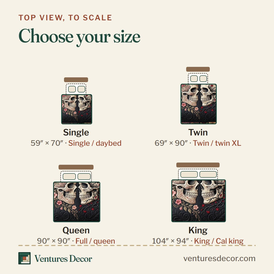 Size guide for the Haunted Skeleton Blush Bloom Skull Pair quilt, top view to scale: Single 59 x 70 in, Twin 69 x 90 in, Queen 90 x 90 in, King 104 x 94 in
