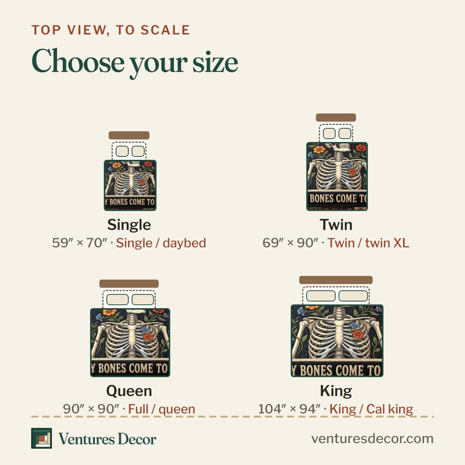 Size guide for the Haunted Skeleton Botanical Frame Bones quilt, top view to scale: Single 59 x 70 in, Twin 69 x 90 in, Queen 90 x 90 in, King 104 x 94 in