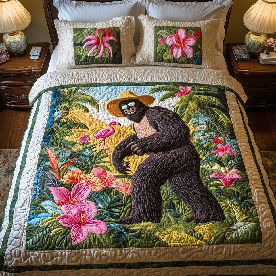 Hawaiian Bigfoot Aloha Stroll quilted bedding set, quilt and two pillow shams on a made bed