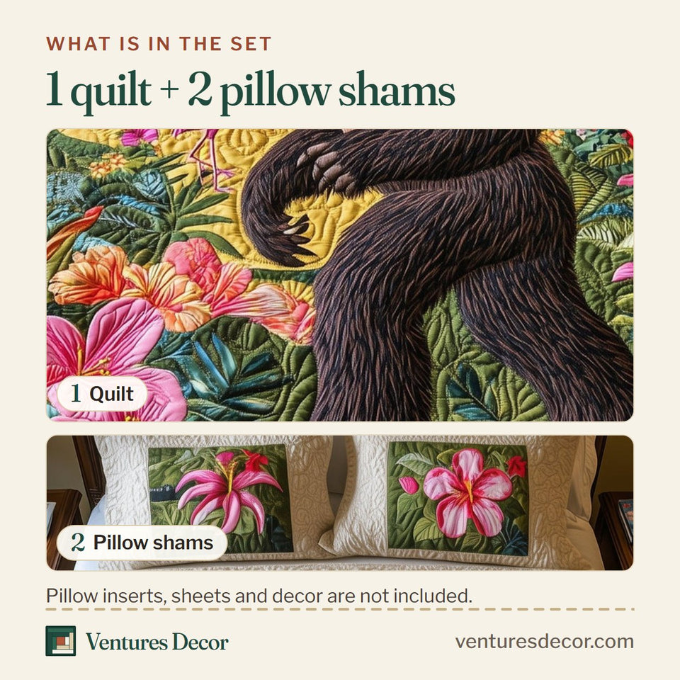 What is in the set: one quilt and two pillow shams, shown in the Hawaiian Bigfoot Aloha Stroll design