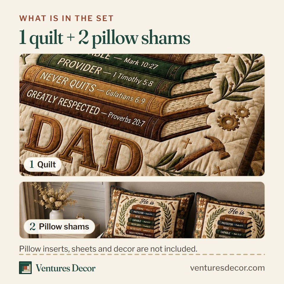 What is in the set: one quilt and two pillow shams, shown in the He is Strong Dad design