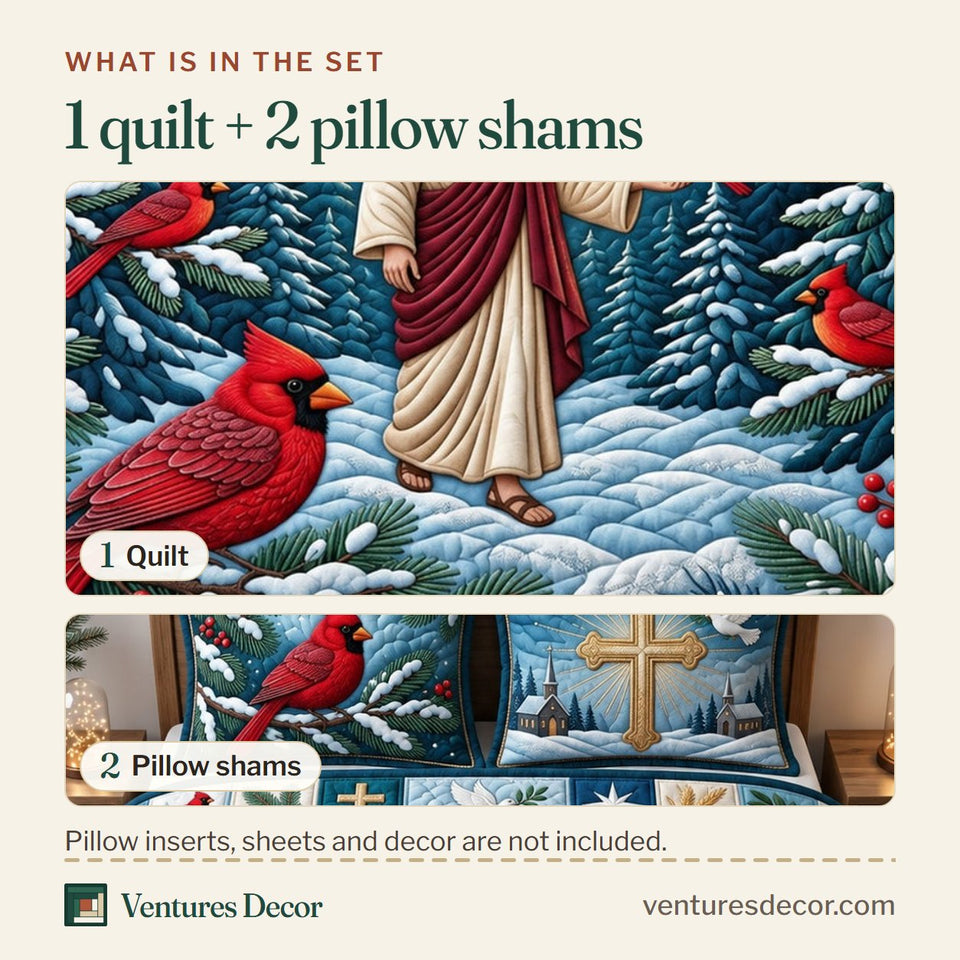 What is in the set: one quilt and two pillow shams, shown in the He Leadeth Me design