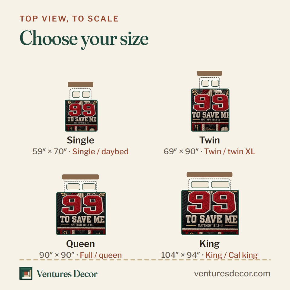 Size guide for the He Left The 99 quilt, top view to scale: Single 59 x 70 in, Twin 69 x 90 in, Queen 90 x 90 in, King 104 x 94 in