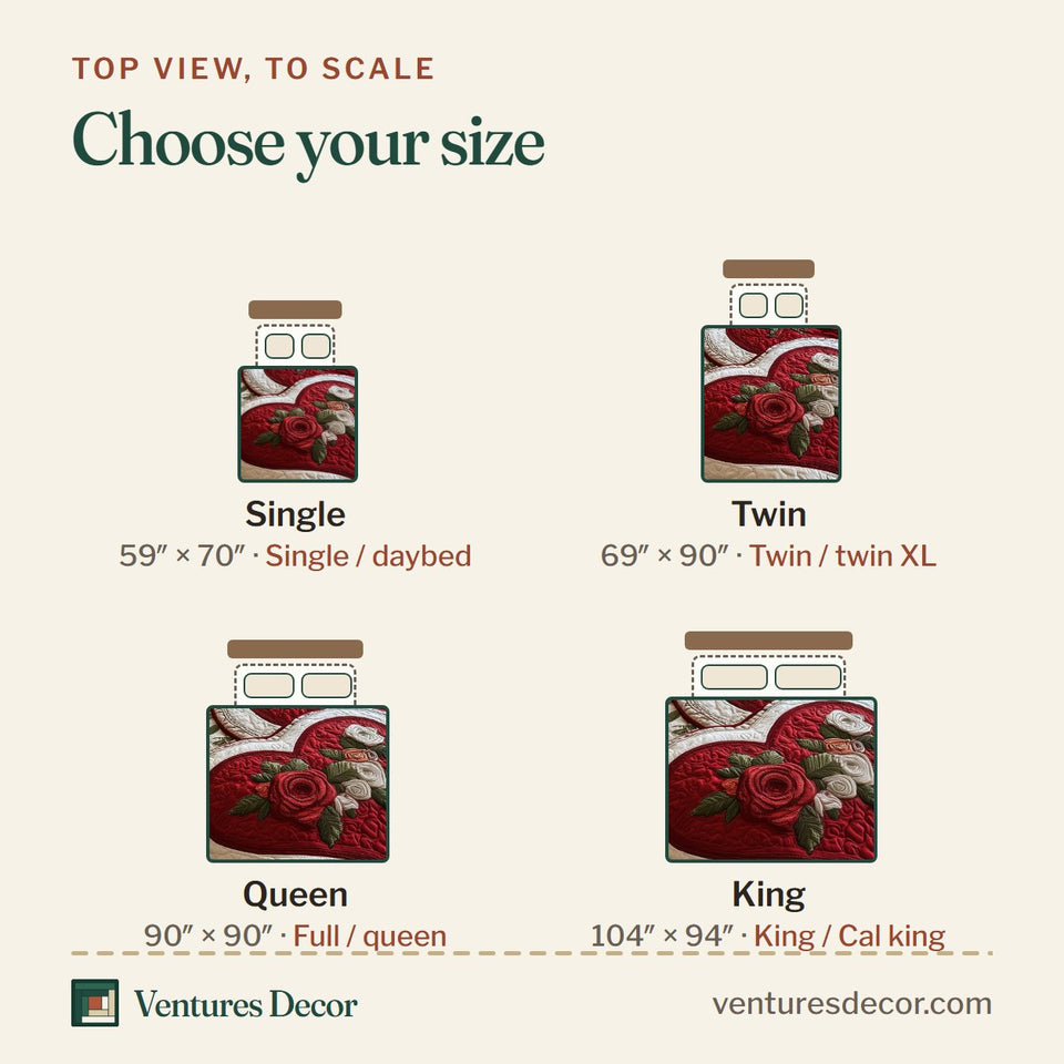Size guide for the Heart and Rose quilt, top view to scale: Single 59 x 70 in, Twin 69 x 90 in, Queen 90 x 90 in, King 104 x 94 in
