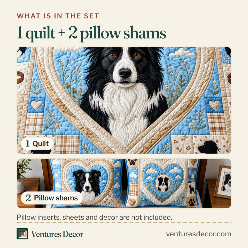 What is in the set: one quilt and two pillow shams, shown in the Heart Border Collie design