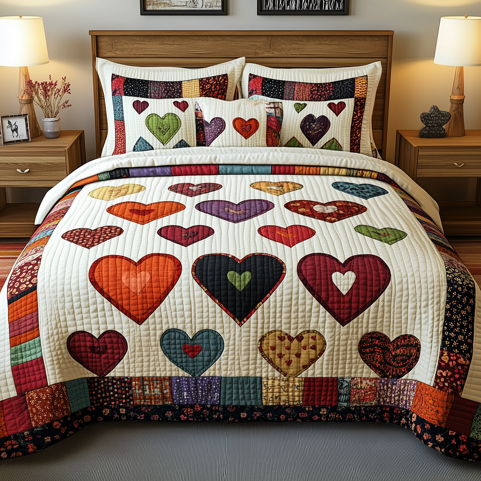 Heart By Heart Hearts Within Hearts quilted bedding set, quilt and two pillow shams on a made bed