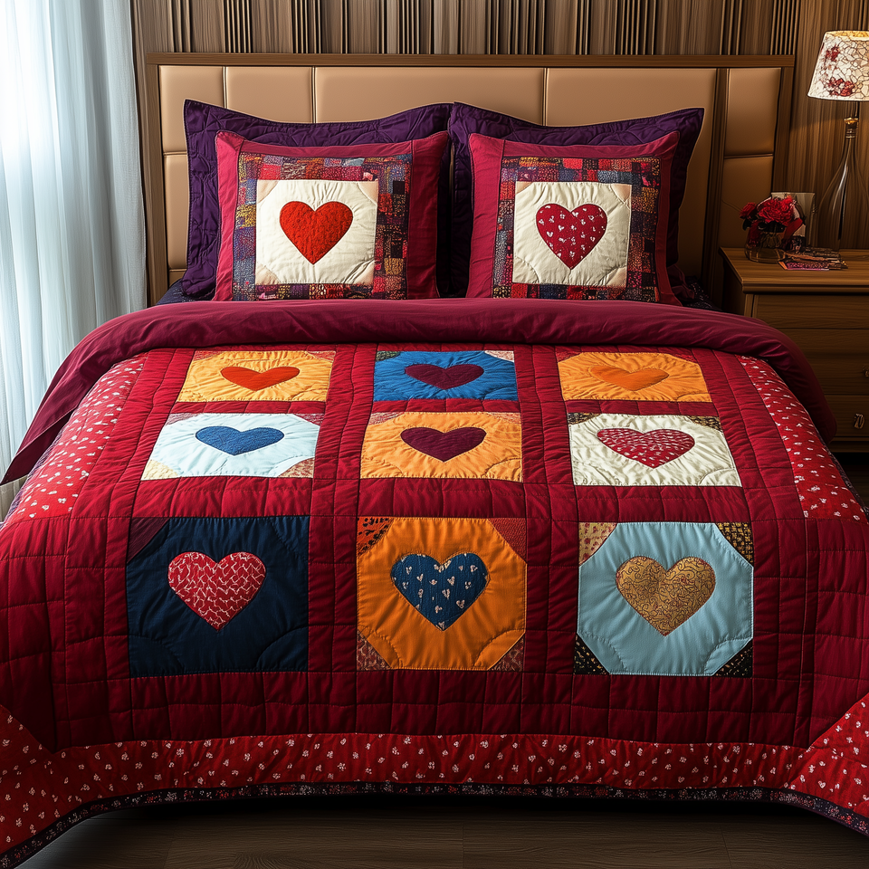 Heart By Heart Squares on Crimson quilted bedding set, quilt and two pillow shams on a made bed