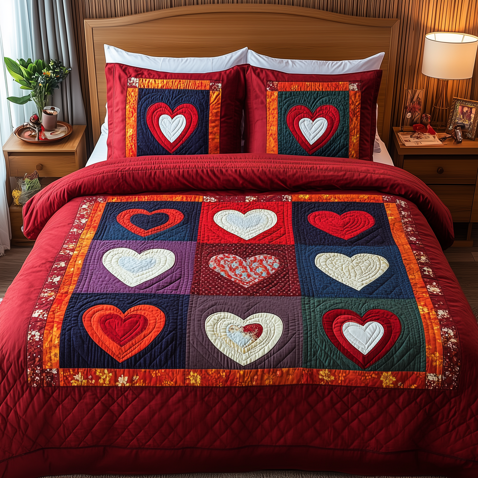 Heart By Heart White Hearts on Jewel Blocks quilted bedding set, quilt and two pillow shams on a made bed