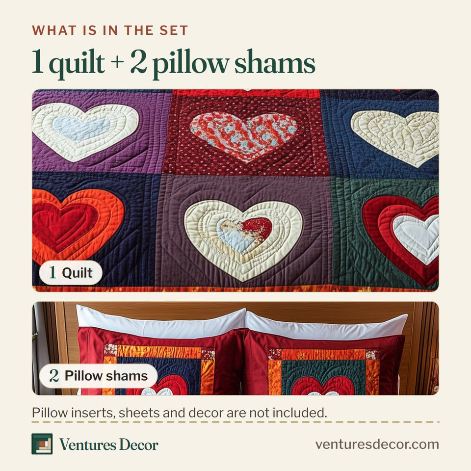 What is in the set: one quilt and two pillow shams, shown in the Heart By Heart White Hearts on Jewel Blocks design