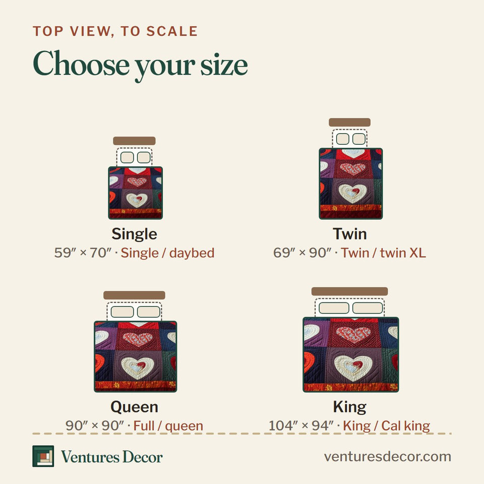 Size guide for the Heart By Heart White Hearts on Jewel Blocks quilt, top view to scale: Single 59 x 70 in, Twin 69 x 90 in, Queen 90 x 90 in, King 104 x 94 in