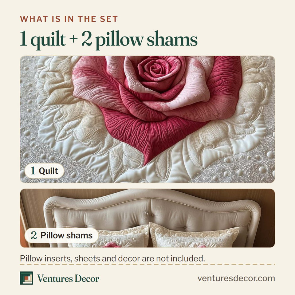 What is in the set: one quilt and two pillow shams, shown in the Heart Rose design